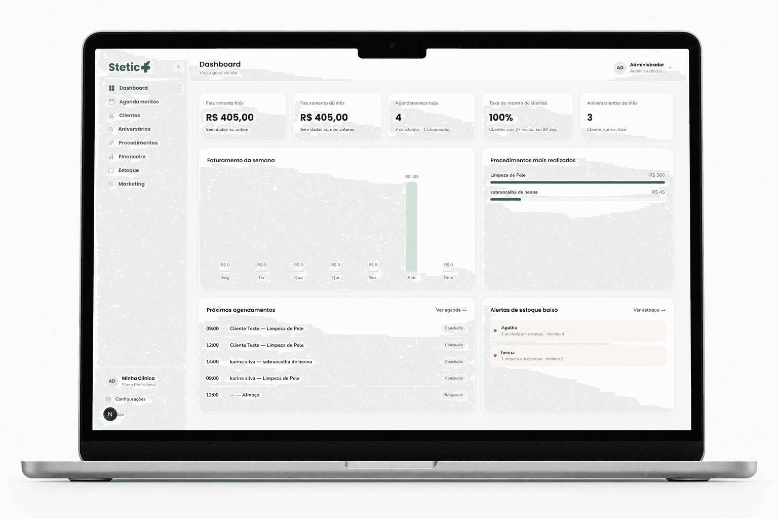 Dashboard do +Stetic em um notebook